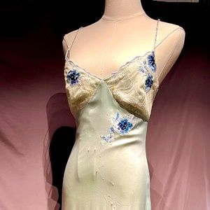 Unworn Mandalay beaded lace ice blue long silk dress, $738 tag attached, Size 2